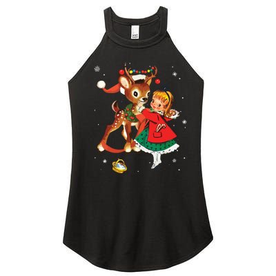 Retro Christmas 1950s Girl Reindeer Vintage 50s Xmas Women’s Perfect Tri Rocker Tank