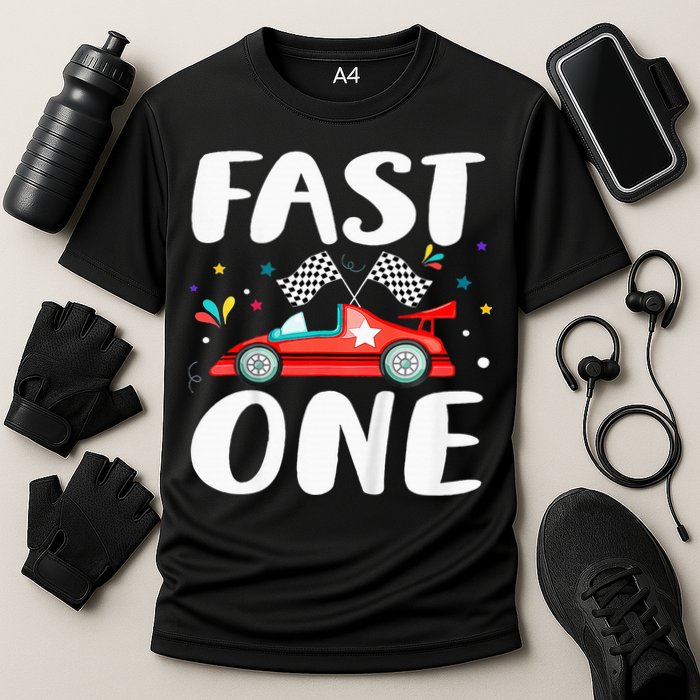 Race Car 1st Birthday Fast One This Little Racer Is One Year Cooling Performance Crew T-Shirt