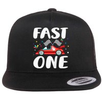 Race Car 1st Birthday Fast One This Little Racer Is One Year Flat Bill Trucker Hat
