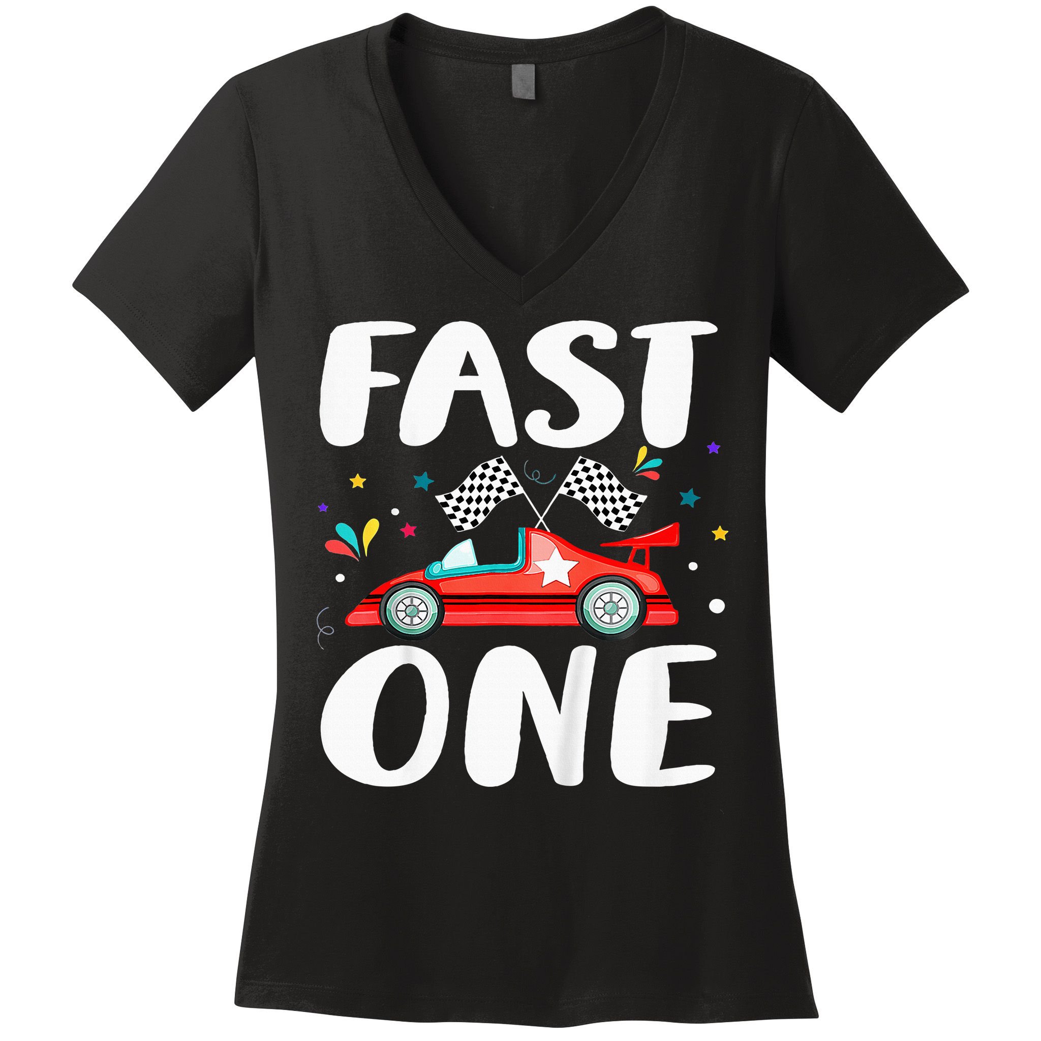 Race Car 1st Birthday Fast One This Little Racer Is One Year Women's V-Neck T-Shirt