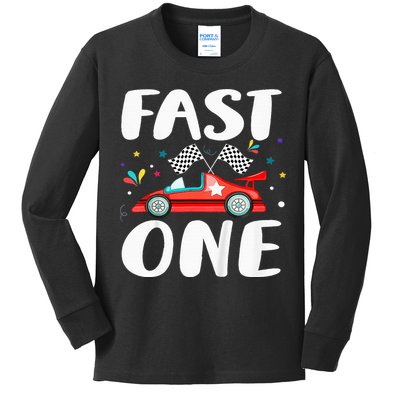 Race Car 1st Birthday Fast One This Little Racer Is One Year Kids Long Sleeve Shirt