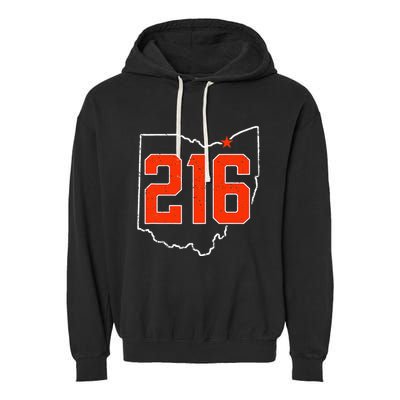 Retro Cleveland 216 Area Code Ohio Outline Garment-Dyed Fleece Hoodie