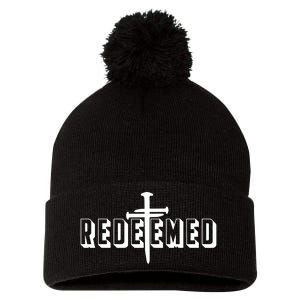 Redeemed Collection 3 Nails Cross Jesus Christ Christian Catholic Pom Pom 12in Knit Beanie