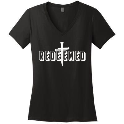 Redeemed Collection 3 Nails Cross Jesus Christ Christian Catholic Women's V-Neck T-Shirt