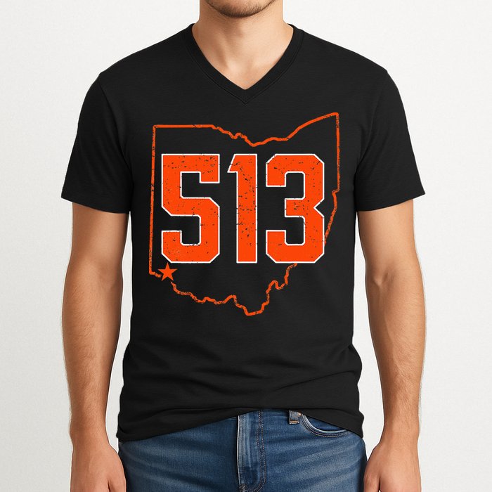Retro Cincinnati 513 Area Code Ohio V-Neck T-Shirt