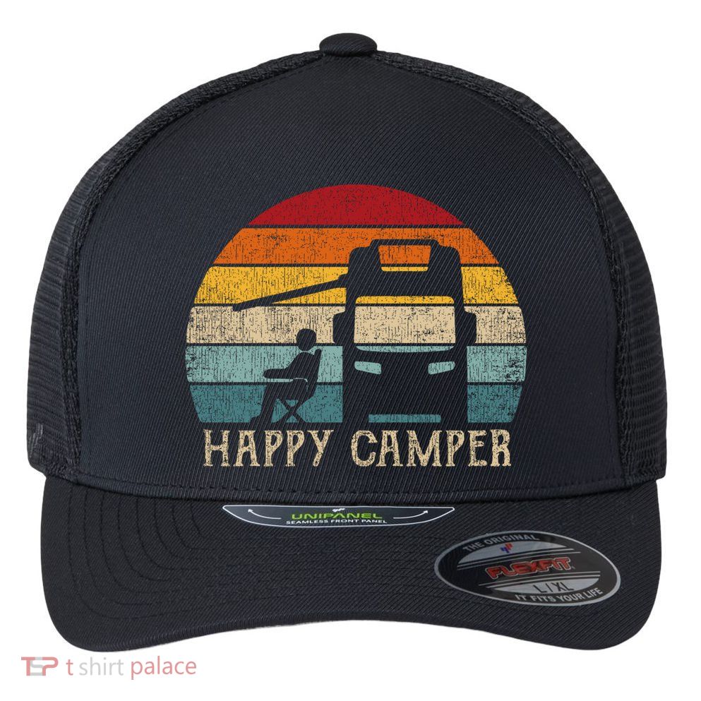 Rv Camping 70s 80s Retro Happy Camper Cool Gift Flexfit Unipanel Trucker Cap