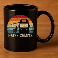 Rv Camping 70s 80s Retro Happy Camper Cool Gift 11oz C Handle Ceramic Mug