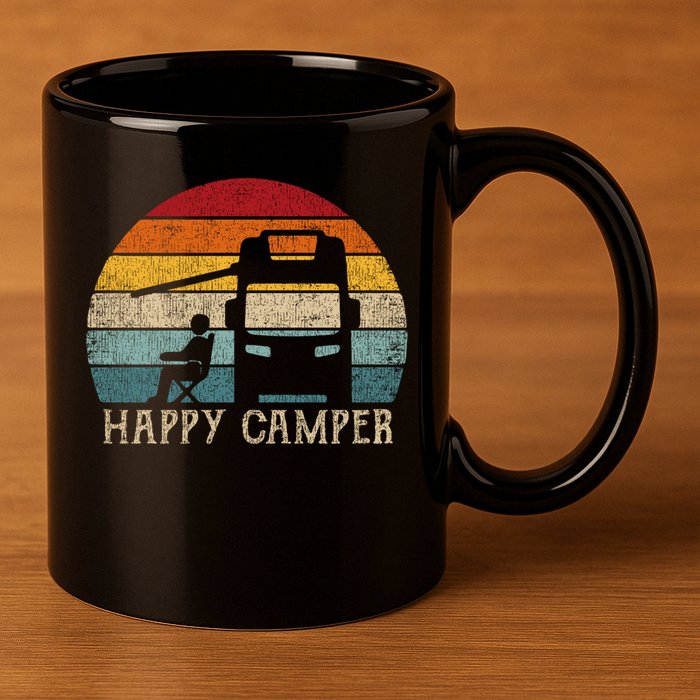 Rv Camping 70s 80s Retro Happy Camper Cool Gift 11oz C Handle Ceramic Mug