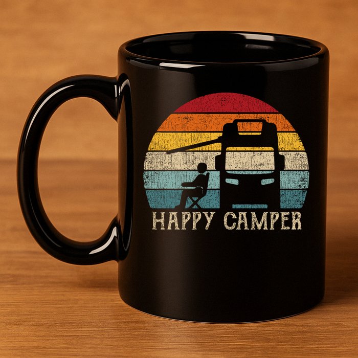 Rv Camping 70s 80s Retro Happy Camper Cool Gift 11oz C Handle Ceramic Mug