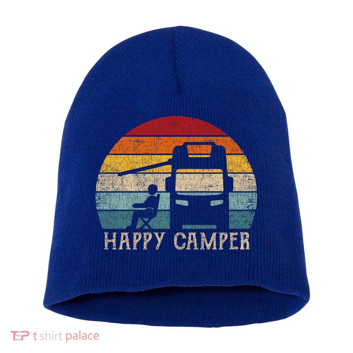 Rv Camping 70s 80s Retro Happy Camper Cool Gift Short Acrylic Beanie