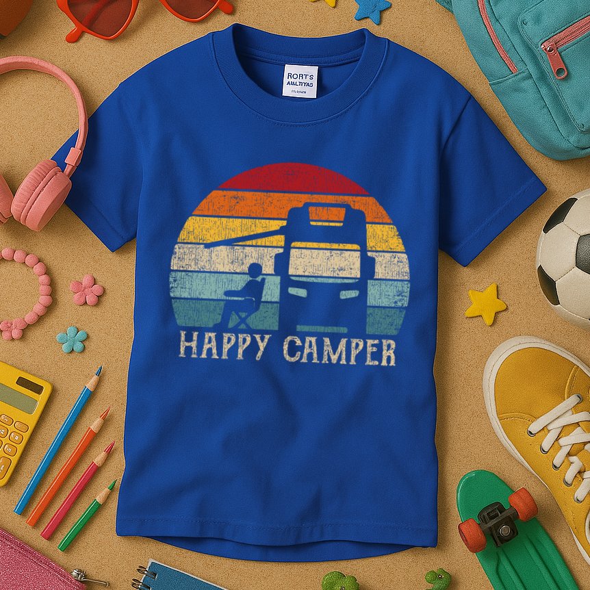 Rv Camping 70s 80s Retro Happy Camper Cool Gift Kids T-Shirt