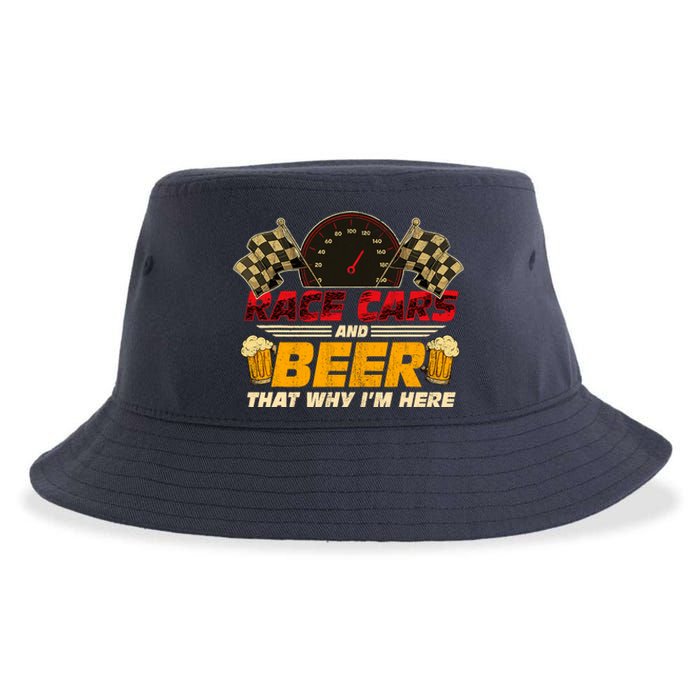 Race Cars And Beer ThatS Why IM Here Racing Drinking Funny Sustainable Bucket Hat