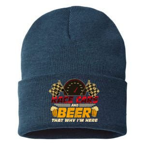 Race Cars And Beer ThatS Why IM Here Racing Drinking Funny Sustainable Knit Beanie