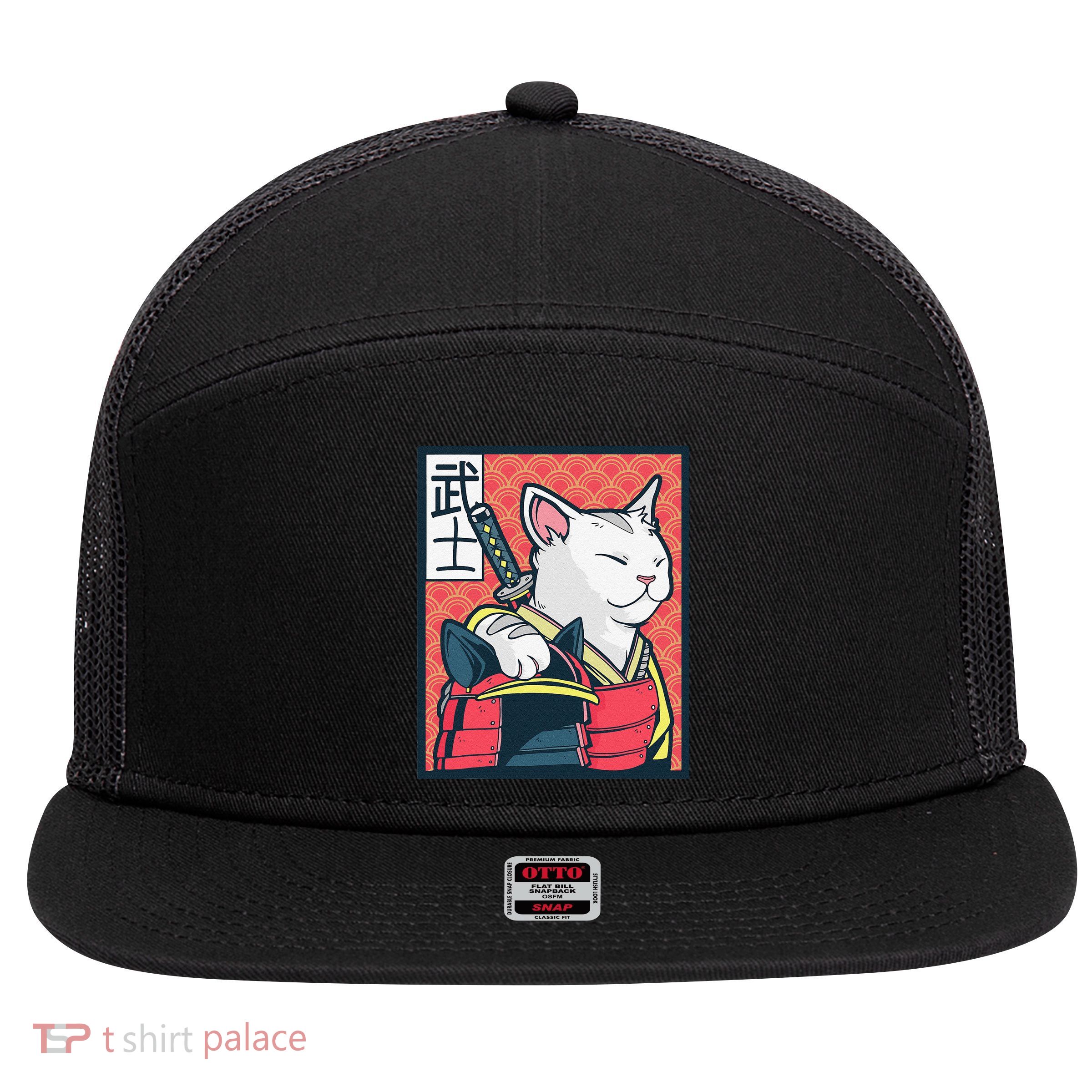 Retro Catzilla Ancient Japanese Cat Art - Anime Ninja Cat  7 Panel Mesh Trucker Snapback Hat
