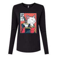 Retro Catzilla Ancient Japanese Cat Art - Anime Ninja Cat  Womens Cotton Relaxed Long Sleeve T-Shirt