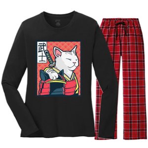 Retro Catzilla Ancient Japanese Cat Art - Anime Ninja Cat  Women's Long Sleeve Flannel Pajama Set 