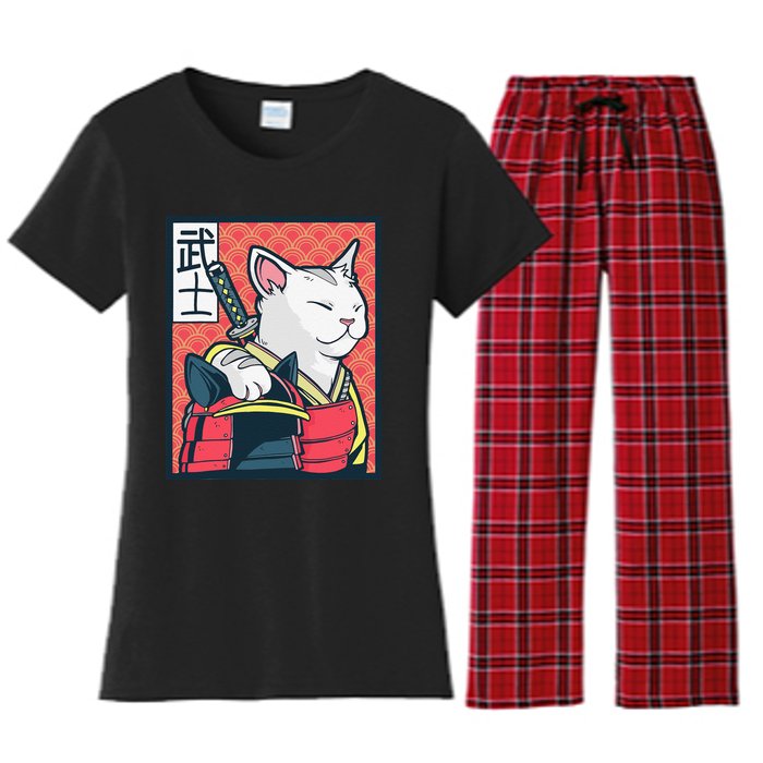 Retro Catzilla Ancient Japanese Cat Art - Anime Ninja Cat  Women's Flannel Pajama Set