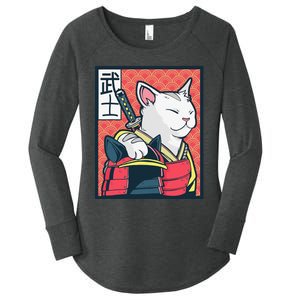 Retro Catzilla Ancient Japanese Cat Art - Anime Ninja Cat  Women's Perfect Tri Tunic Long Sleeve Shirt