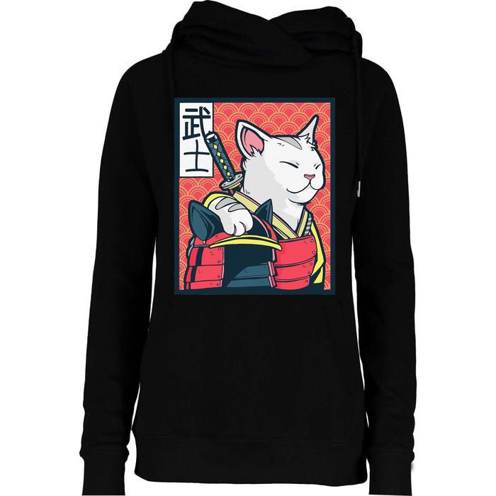 Retro Catzilla Ancient Japanese Cat Art - Anime Ninja Cat  Womens Funnel Neck Pullover Hood