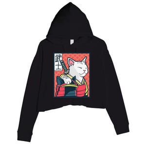 Retro Catzilla Ancient Japanese Cat Art - Anime Ninja Cat  Crop Fleece Hoodie