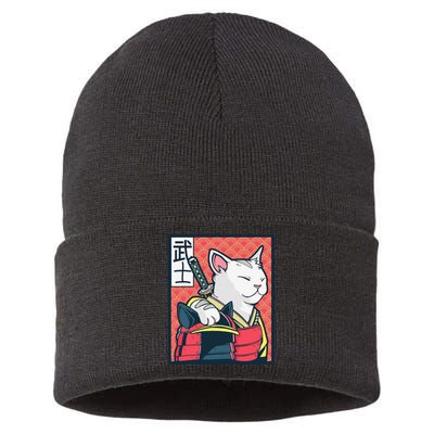 Retro Catzilla Ancient Japanese Cat Art - Anime Ninja Cat  Sustainable Knit Beanie