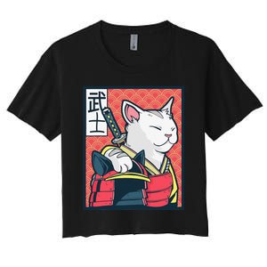 Retro Catzilla Ancient Japanese Cat Art - Anime Ninja Cat  Women's Crop Top Tee