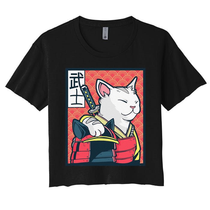 Retro Catzilla Ancient Japanese Cat Art - Anime Ninja Cat  Women's Crop Top Tee