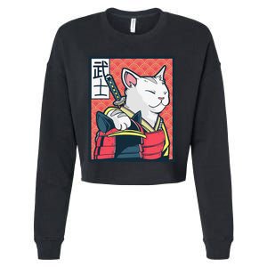 Retro Catzilla Ancient Japanese Cat Art - Anime Ninja Cat  Cropped Pullover Crew