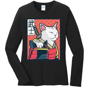 Retro Catzilla Ancient Japanese Cat Art - Anime Ninja Cat  Ladies Long Sleeve Shirt