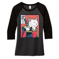 Retro Catzilla Ancient Japanese Cat Art - Anime Ninja Cat  Women's Tri-Blend 3/4-Sleeve Raglan Shirt