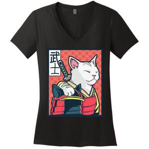 Retro Catzilla Ancient Japanese Cat Art - Anime Ninja Cat  Women's V-Neck T-Shirt