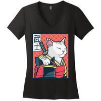 Retro Catzilla Ancient Japanese Cat Art - Anime Ninja Cat  Women's V-Neck T-Shirt