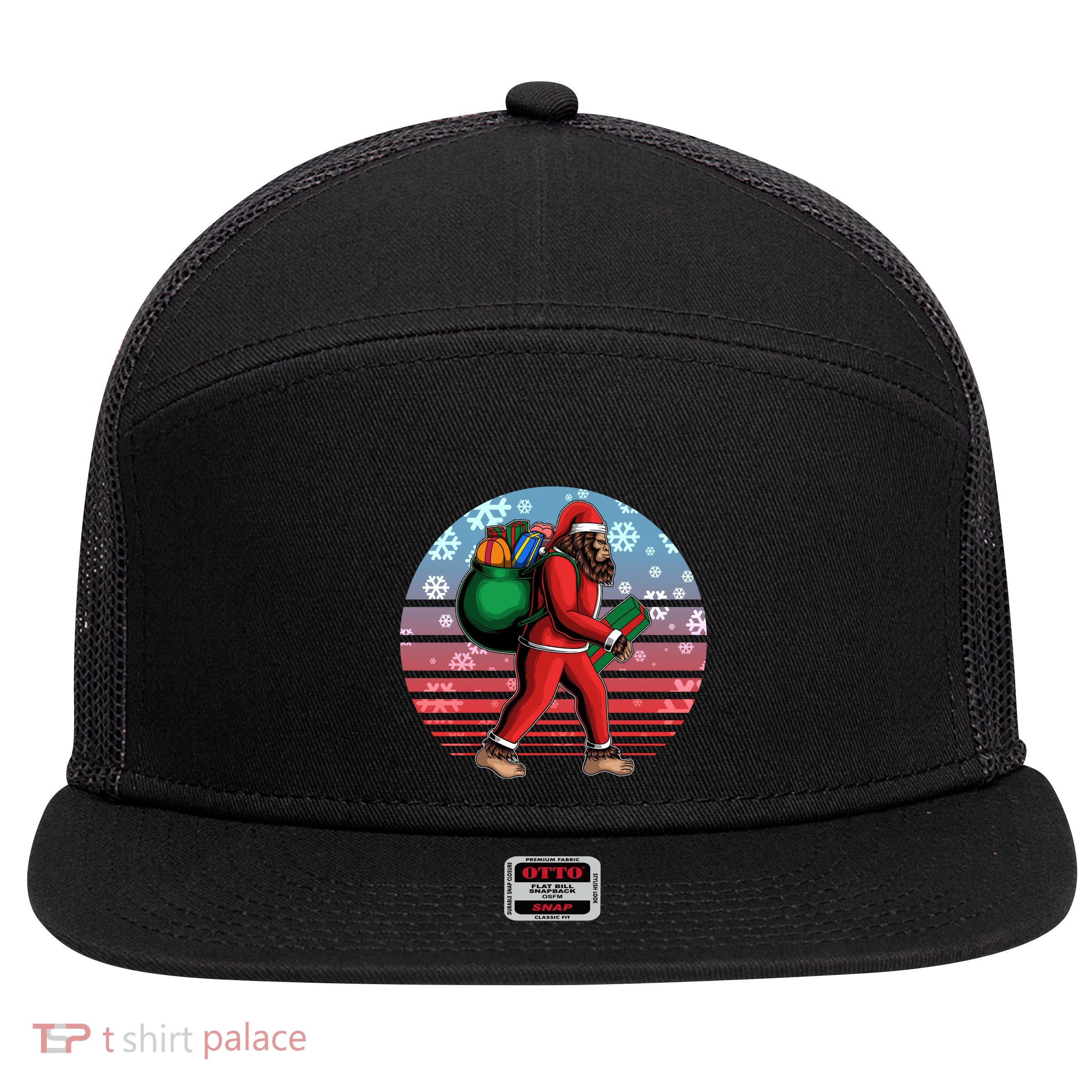 Retro Christmas Big Foot Sasquatch Santa Claus 7 Panel Mesh Trucker Snapback Hat