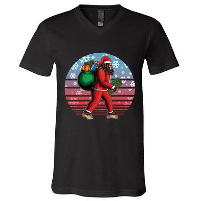 Retro Christmas Big Foot Sasquatch Santa Claus V-Neck T-Shirt