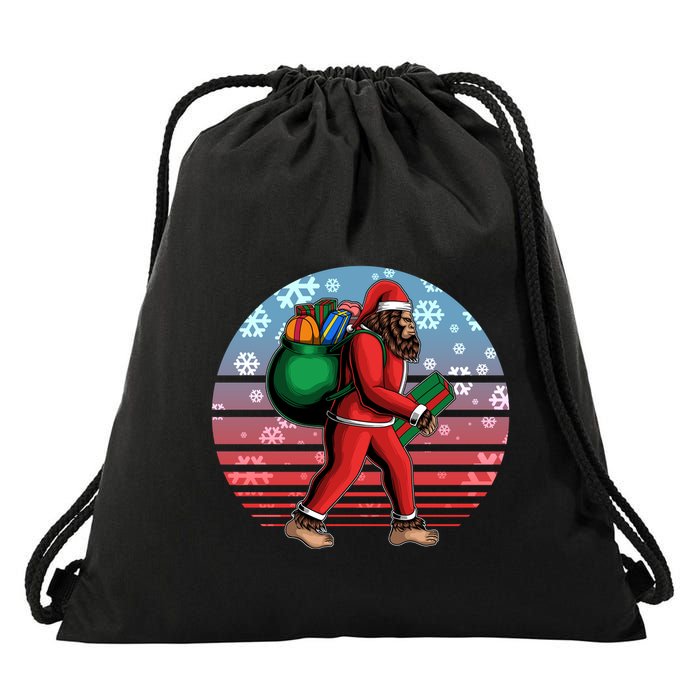 Retro Christmas Big Foot Sasquatch Santa Claus Drawstring Bag