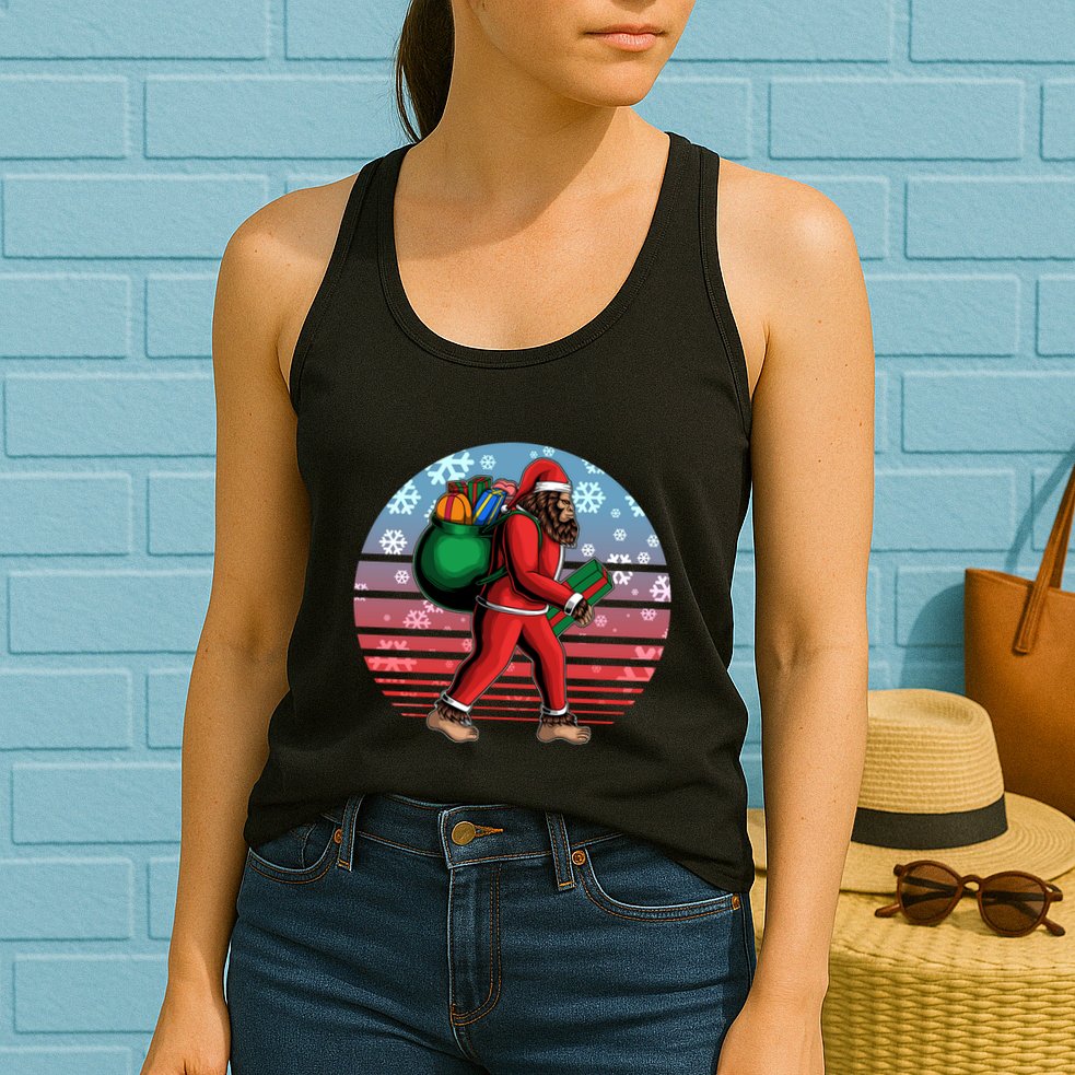 Retro Christmas Big Foot Sasquatch Santa Claus Womens Tank Top