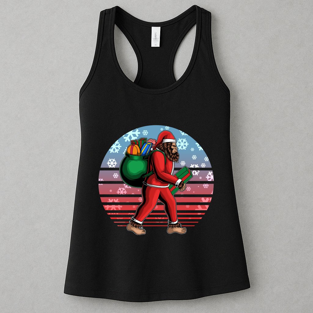 Retro Christmas Big Foot Sasquatch Santa Claus Womens Tank Top