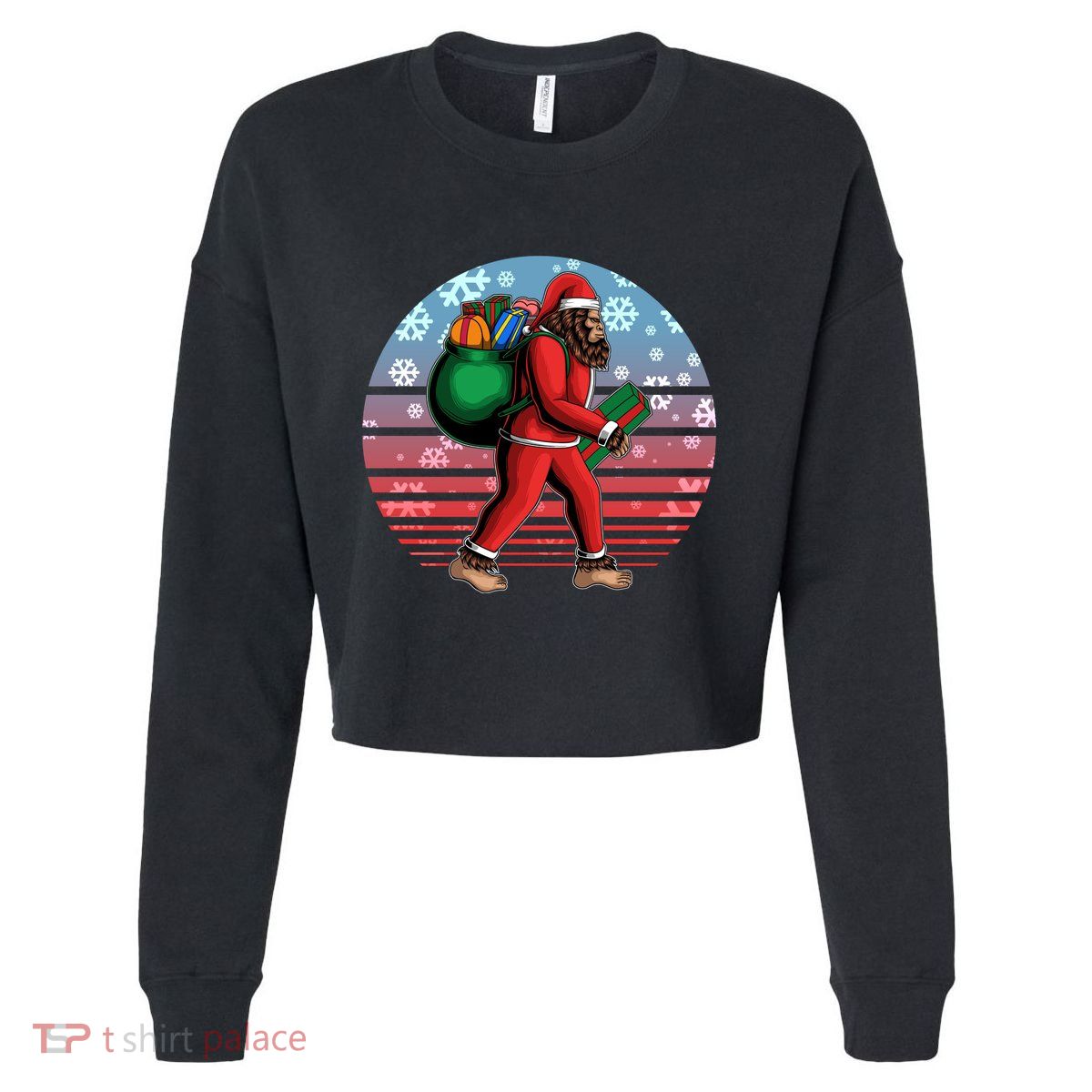 Retro Christmas Big Foot Sasquatch Santa Claus Cropped Pullover Crew