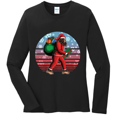 Retro Christmas Big Foot Sasquatch Santa Claus Ladies Long Sleeve Shirt