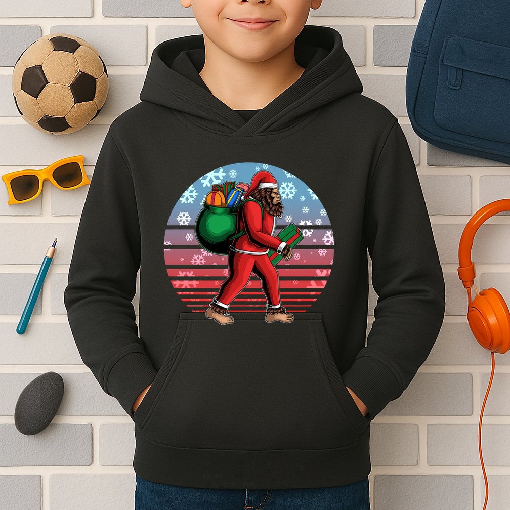 Retro Christmas Big Foot Sasquatch Santa Claus Kids Hoodie