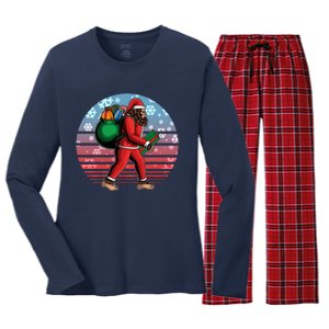 Retro Christmas Big Foot Sasquatch Santa Claus Women's Long Sleeve Flannel Pajama Set 