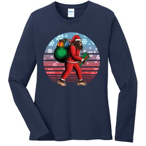 Retro Christmas Big Foot Sasquatch Santa Claus Ladies Long Sleeve Shirt