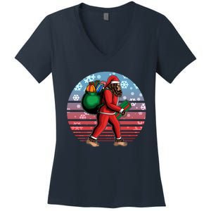 Retro Christmas Big Foot Sasquatch Santa Claus Women's V-Neck T-Shirt