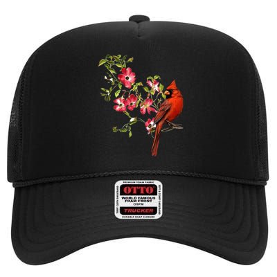 Red Cardinal Bird And Pink Flowering Dogwood Blossoms High Crown Mesh Back Trucker Hat