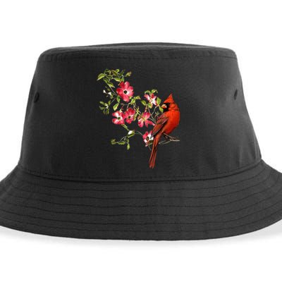 Red Cardinal Bird And Pink Flowering Dogwood Blossoms Sustainable Bucket Hat