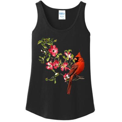 Red Cardinal Bird And Pink Flowering Dogwood Blossoms Ladies Essential Tank