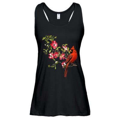 Red Cardinal Bird And Pink Flowering Dogwood Blossoms Ladies Essential Flowy Tank