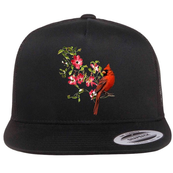 Red Cardinal Bird And Pink Flowering Dogwood Blossoms Flat Bill Trucker Hat