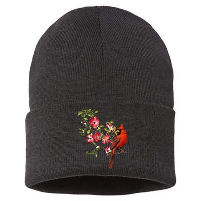 Red Cardinal Bird And Pink Flowering Dogwood Blossoms Sustainable Knit Beanie