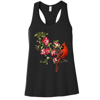 Red Cardinal Bird And Pink Flowering Dogwood Blossoms Women's Racerback Tank